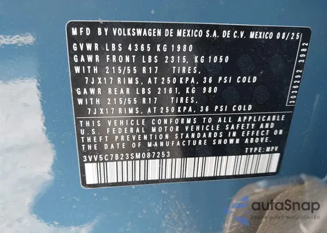 2025 Volkswagen Taos 1.5T S z USA, uszkodzony, nr VIN 3VV5C7B23SM087253